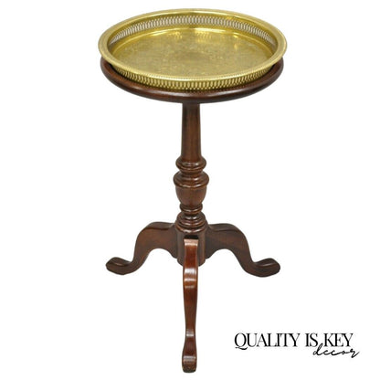 Vintage English Queen Anne Style Small Pedestal Side Table with Brass Tray Top