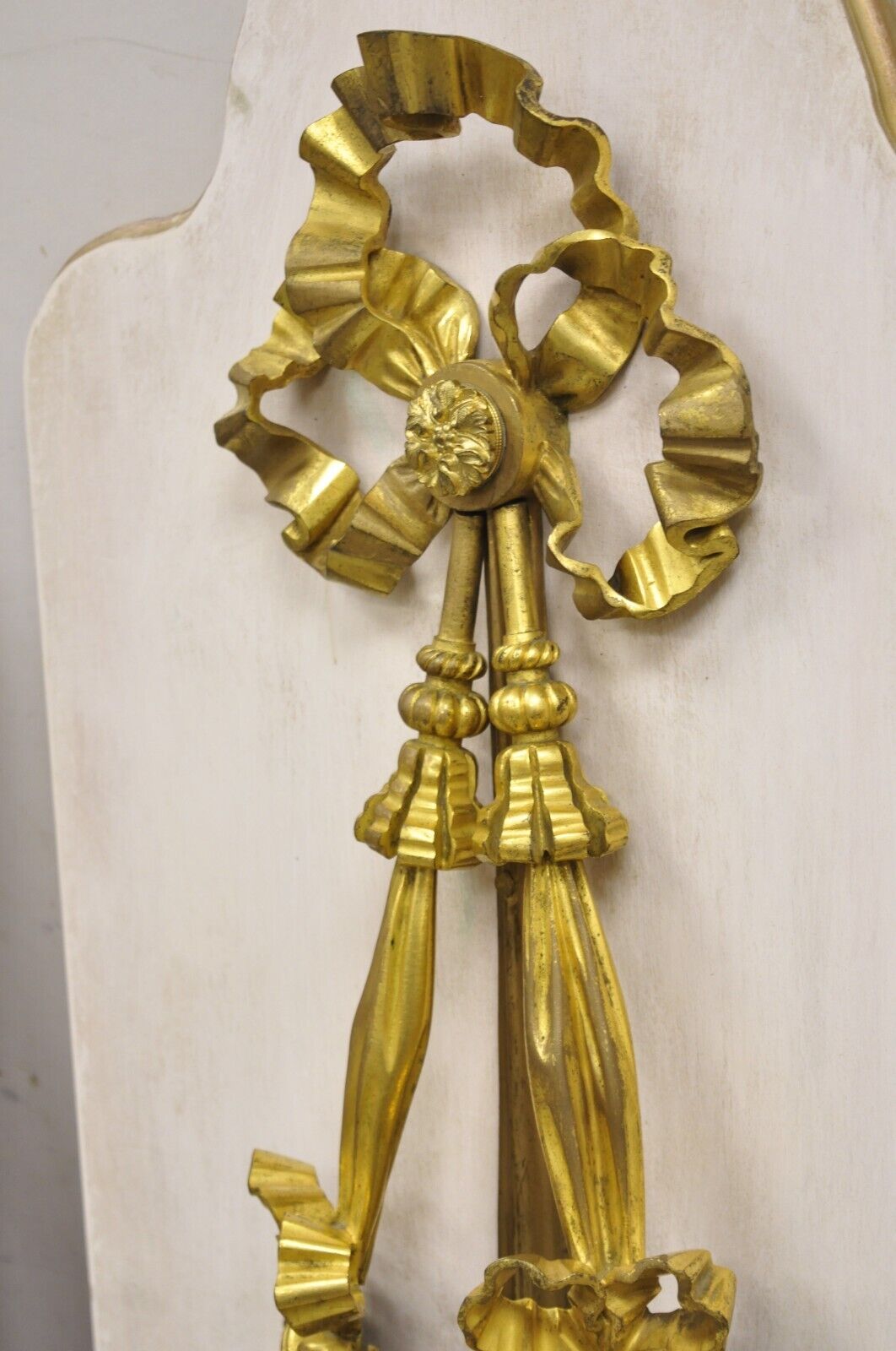 French Louis XV Gold Gilt Bronze Ribbon Drape Large Wall Plaque Sconces - a Pair