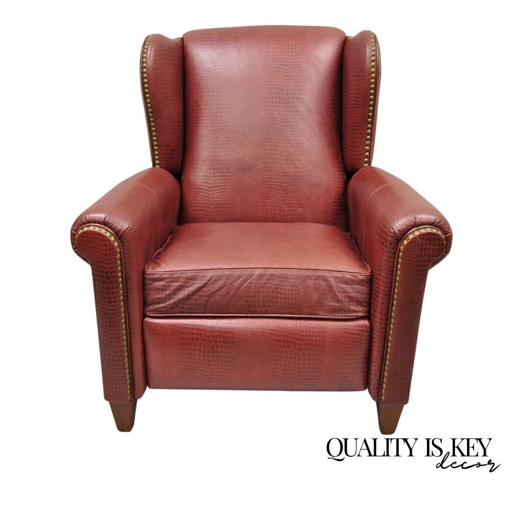 Ethan Allen Burgundy Red Croc Print Leather Upholstered Wingback Recliner Chair