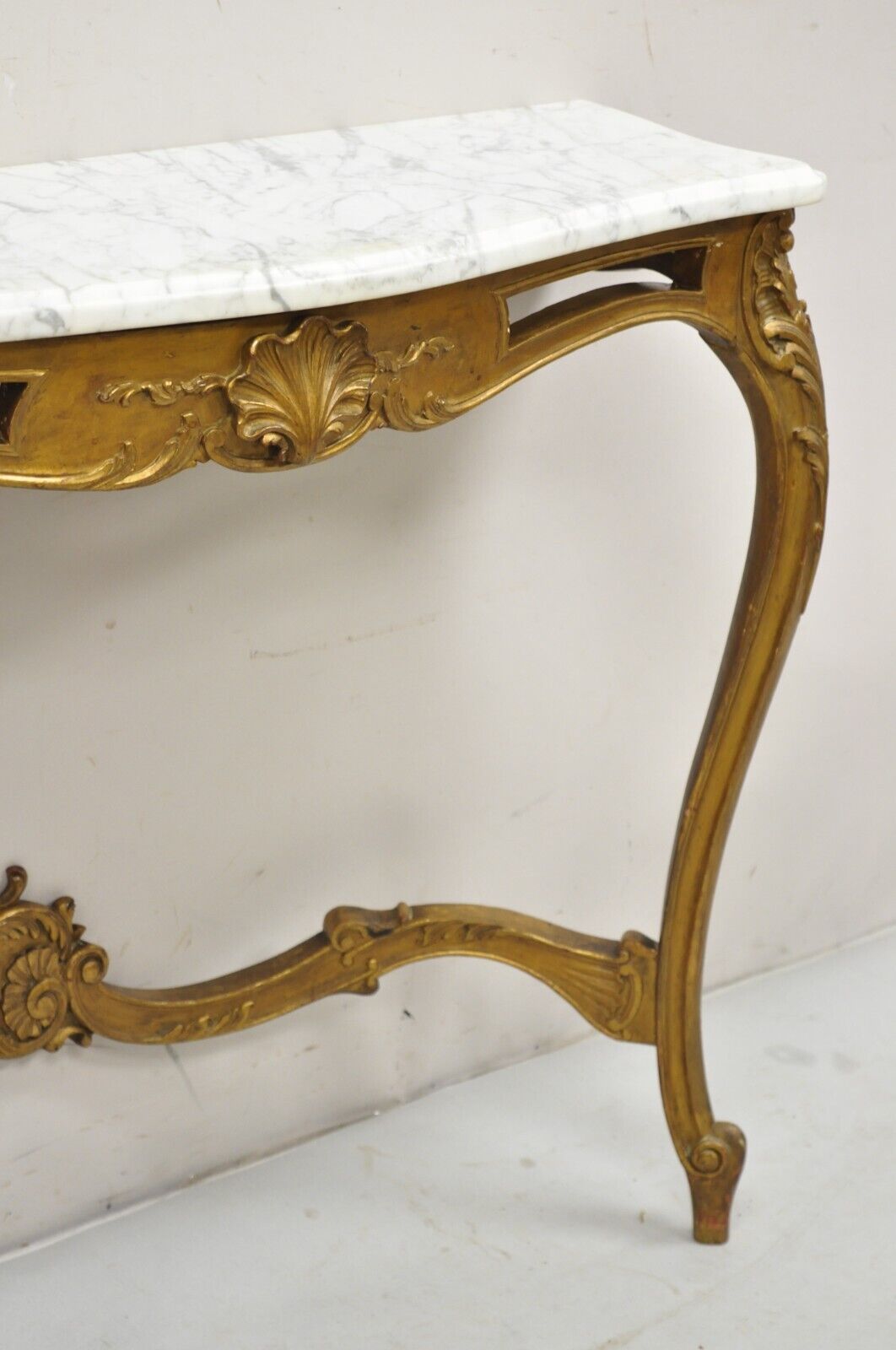 Vintage French Louis XV Style Marble Top Gold Wall Mounted Console Table