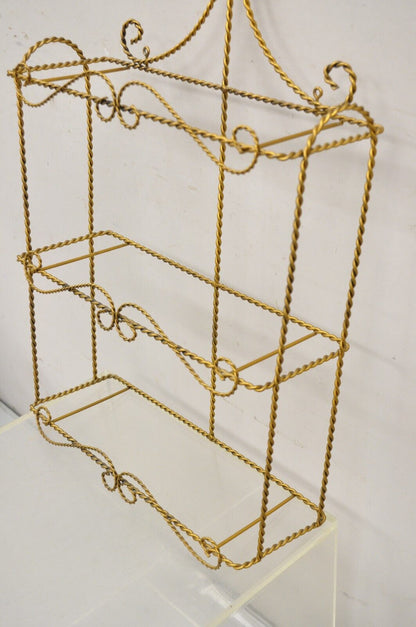 Vintage Gold Gilt Metal Hollywood Regency Scrolling Iron 3 Tier Small Wall Shelf