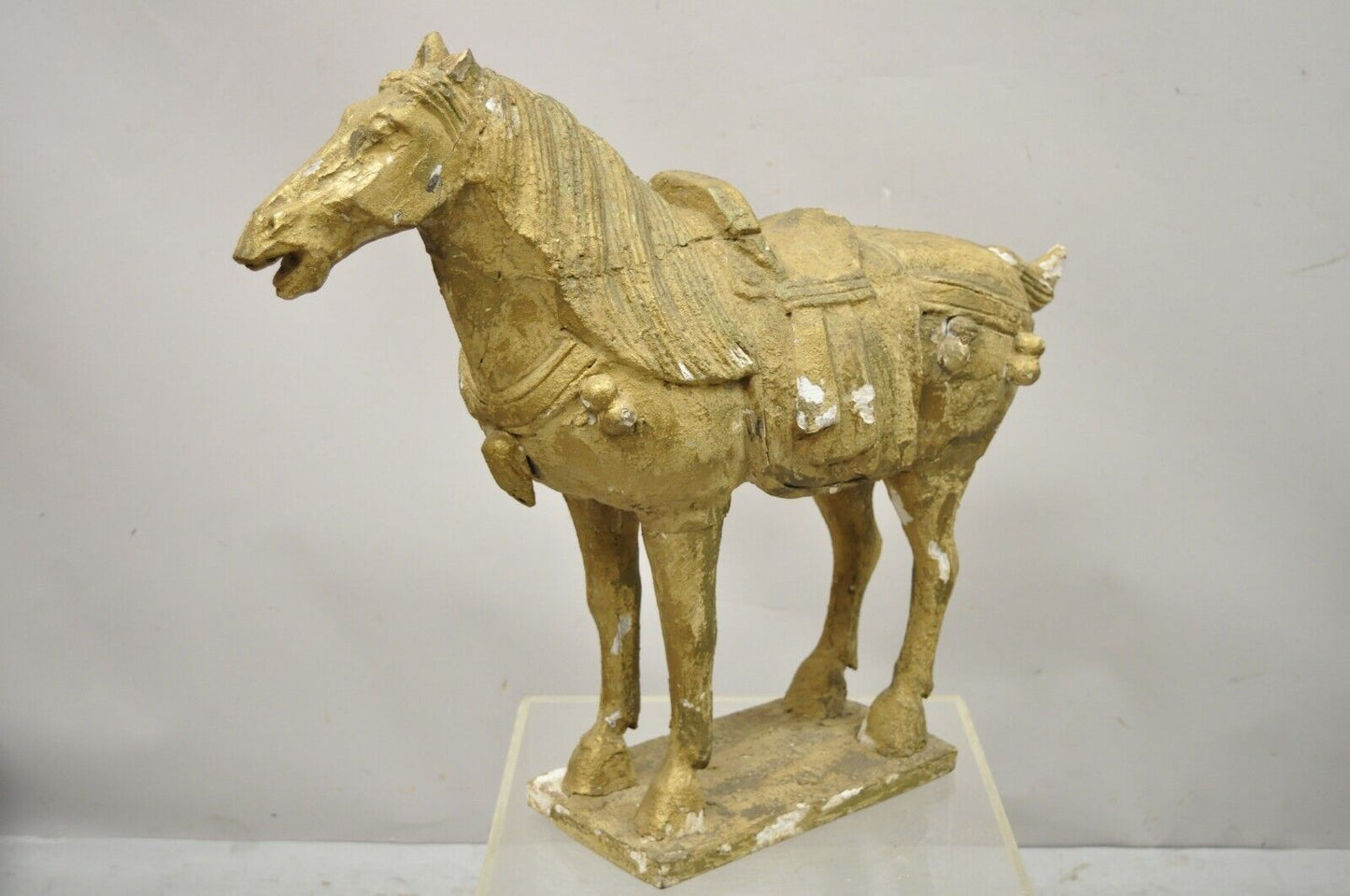 Chinese Polychrome Wooden Carved Wood Tang Style 31" Gold Horse Sculpture Figure