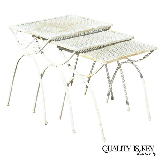 Vintage Salterini Ivy Vine Wrought Iron Nesting Patio Side Tables - 3 Pc Set