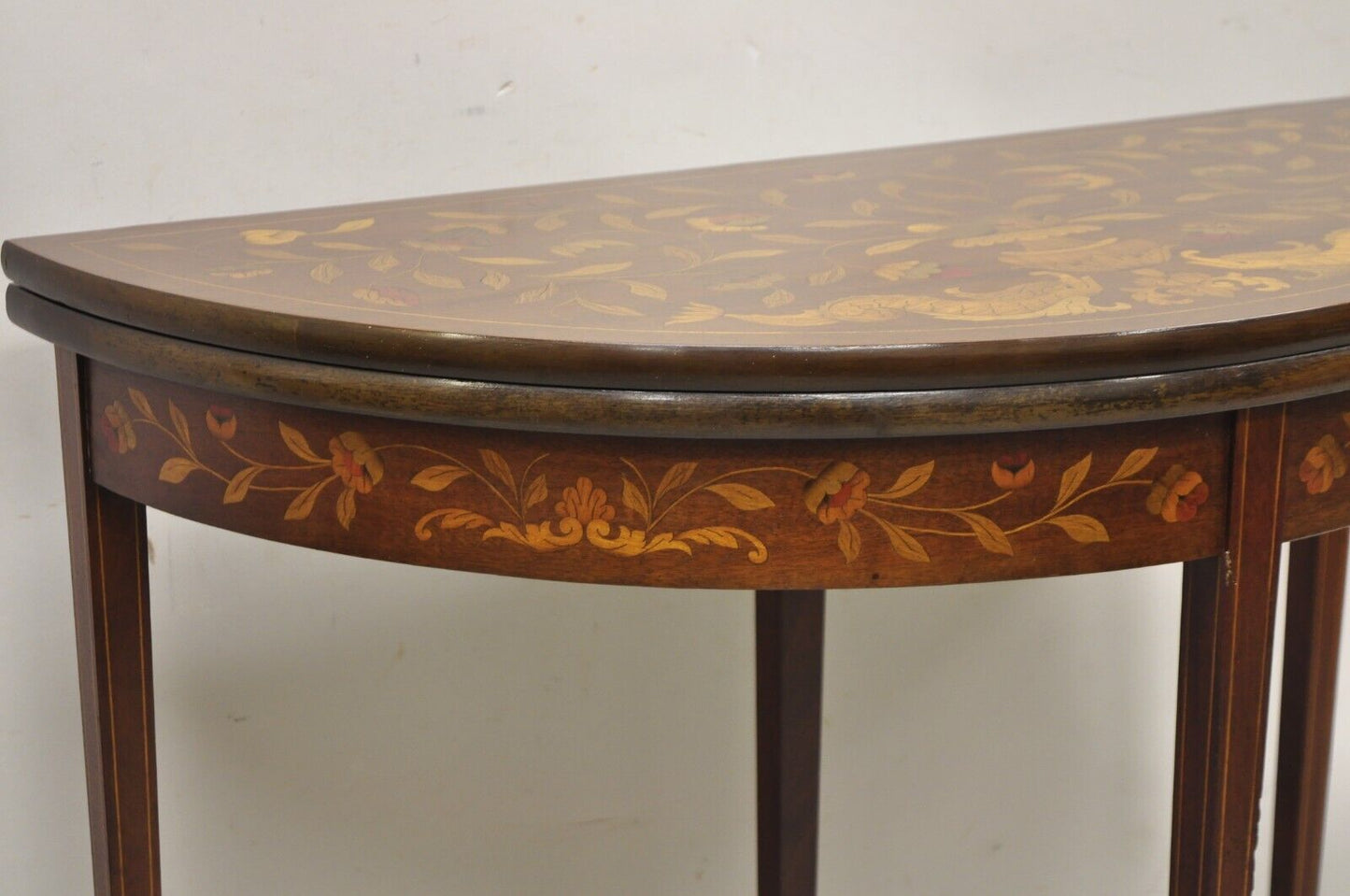 Antique Dutch Marquetry Inlay Flip Top Demilune Console Game Table