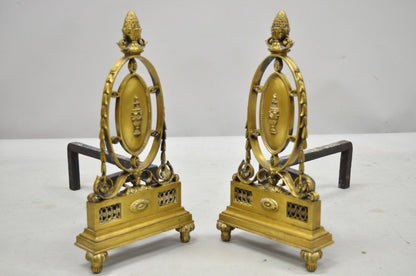 Pair of French Empire Sheraton Style Brass Bronze Urn Acorn Fireplace Andirons