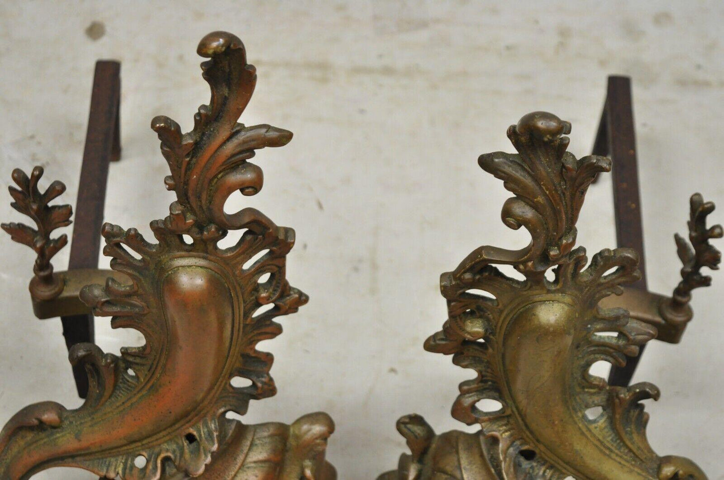 Antique French Rococo Baroque Style Brass Leafy Acanthus Andirons - a Pair