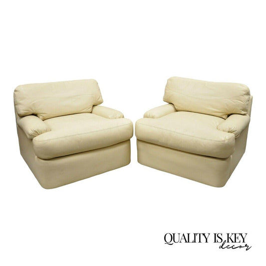 Directional Milo Baughman Swivel Beige Leather Club Lounge Arm Chairs - a Pair