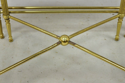 Brass Italian Hollywood Regency Side Nesting Tables Glass Top Tapered Legs Set 3