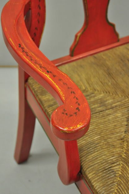 Pair of Vintage Queen Anne Style Green and Red Rush Seat Arm Chairs