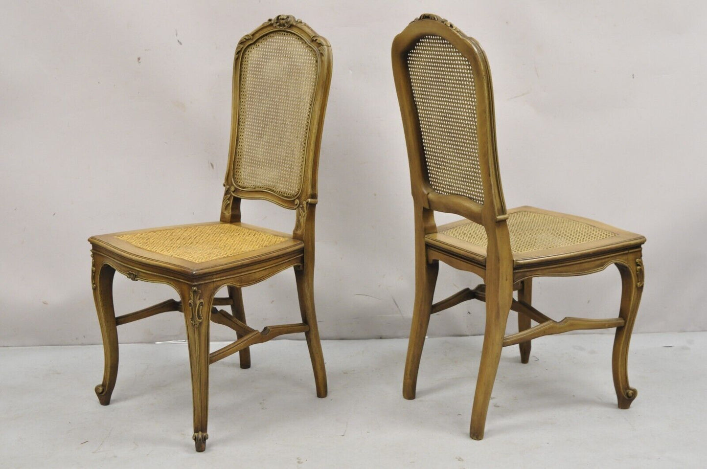 Antique French Provincial Louis XV Style Carved Walnut Cane Dining Chair - Pair