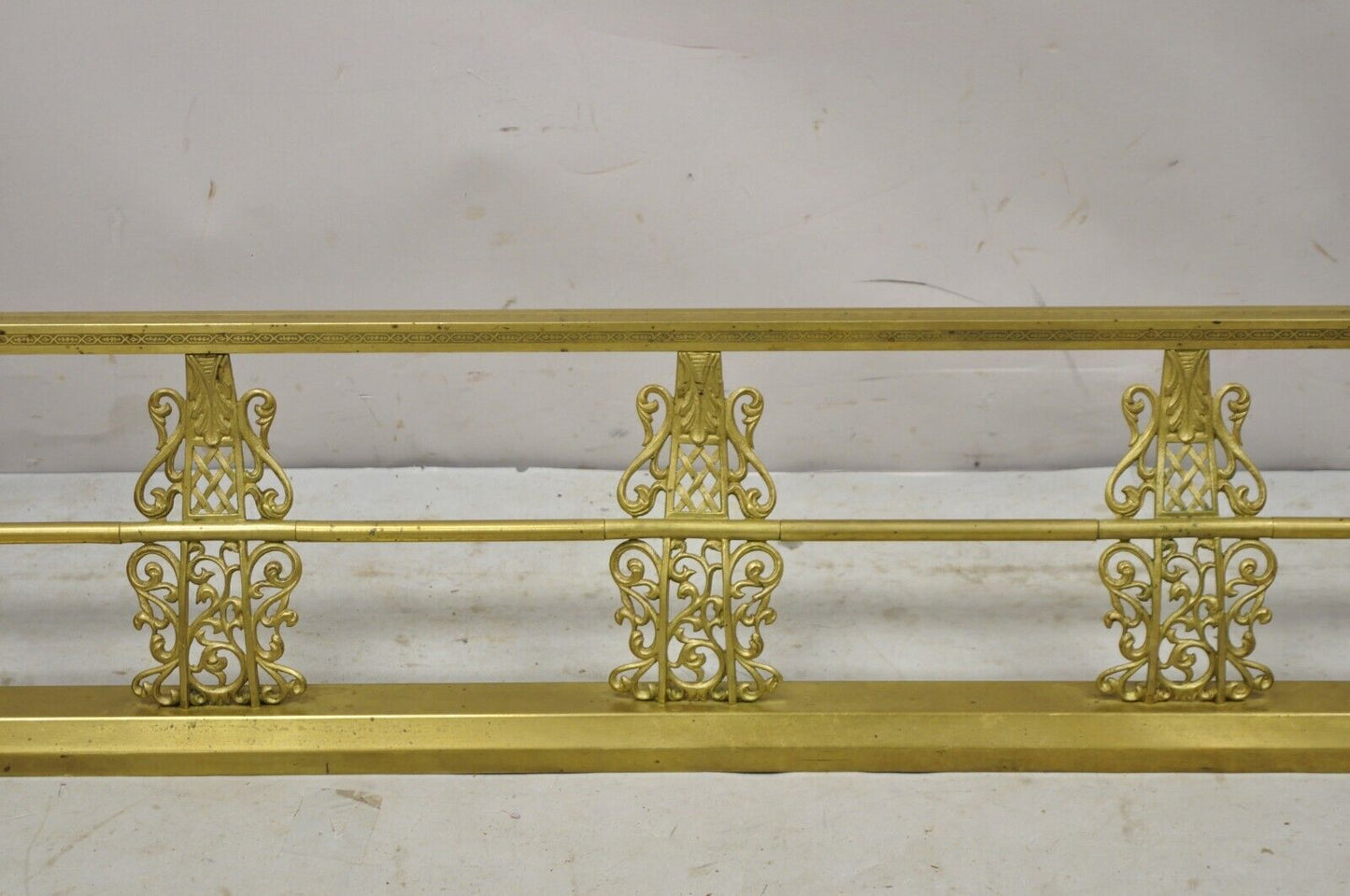 Antique 58" Victorian Brass Scroll Accented Fireplace Hearth Fender Surround