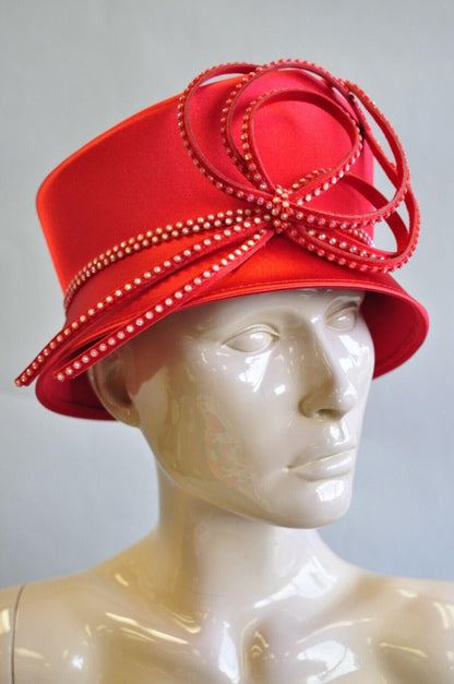 Red Satin Beaded Ribbon Church Derby Top Hat Attributed to Shellie McDowell