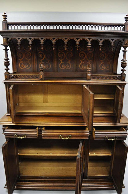 Gothic Renaissance Revival Carved Walnut Dragon Griffin Sideboard Hutch Cabinet