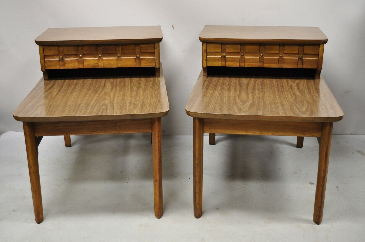 Mersman Mid Century Modern Walnut and Laminate Step Side End Tables - a Pair