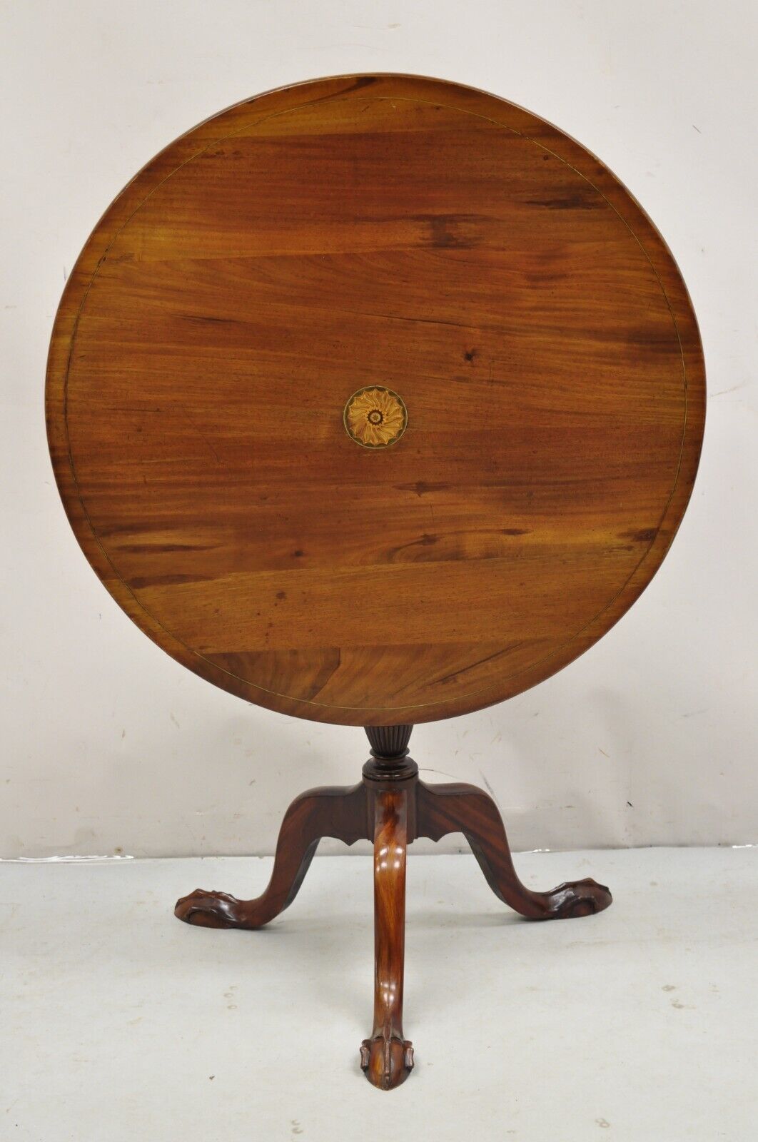 Antique Chippendale Style Round Tilt Top Pinwheel Inlay Ball and Claw Side Table