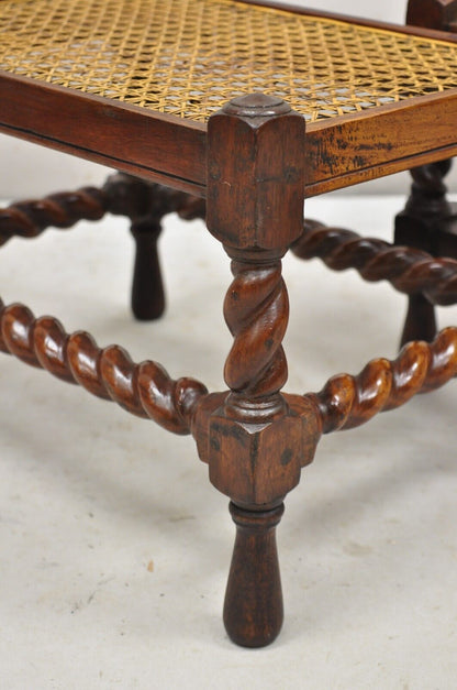 Antique Jacobean Turn Carved Walnut Handmade Cane Seat Footstool Ottoman - Pair