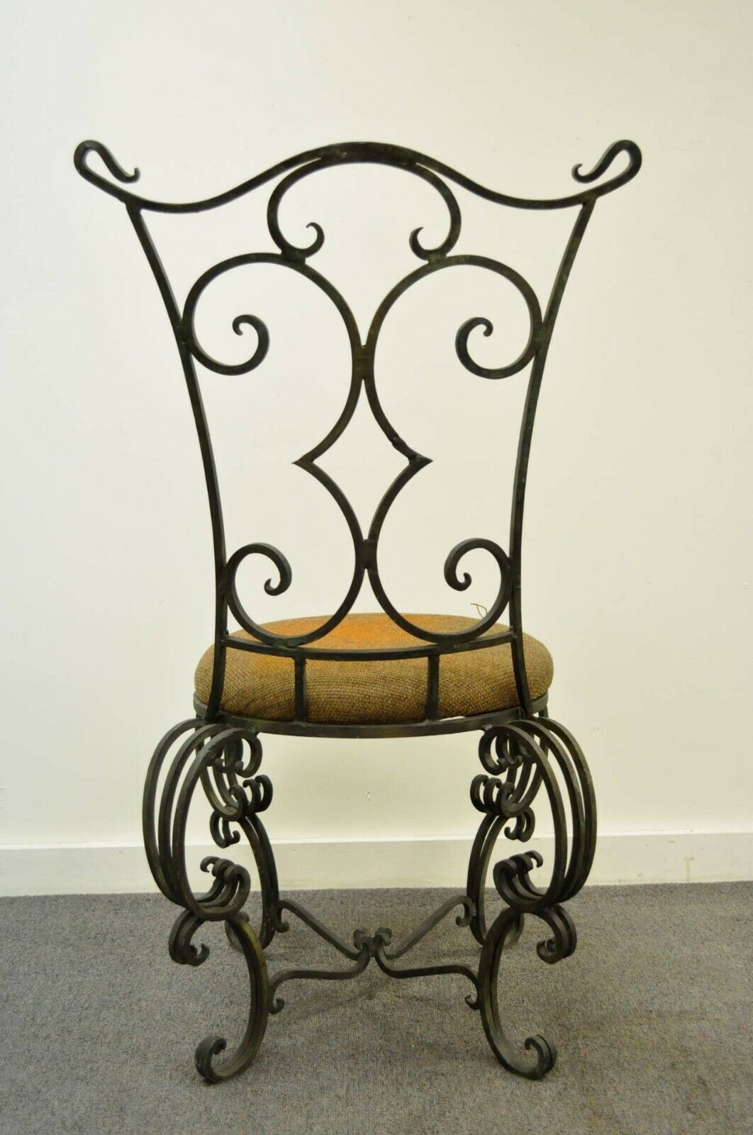 Vintage French Art Nouveau Style Hand Forged Scrolling Wrought Iron Side Chair