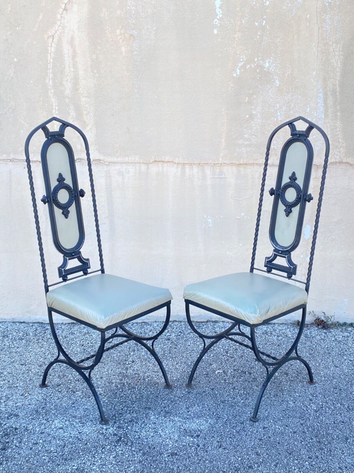 Vintage Hollywood Regency Curule Chair Wrought Iron Round Dining Set - 5 Pc Set