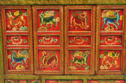 Tibetan Red and Green Hand Painted Wooden Buffet Cabinet Chest w/ Horse & Dragon