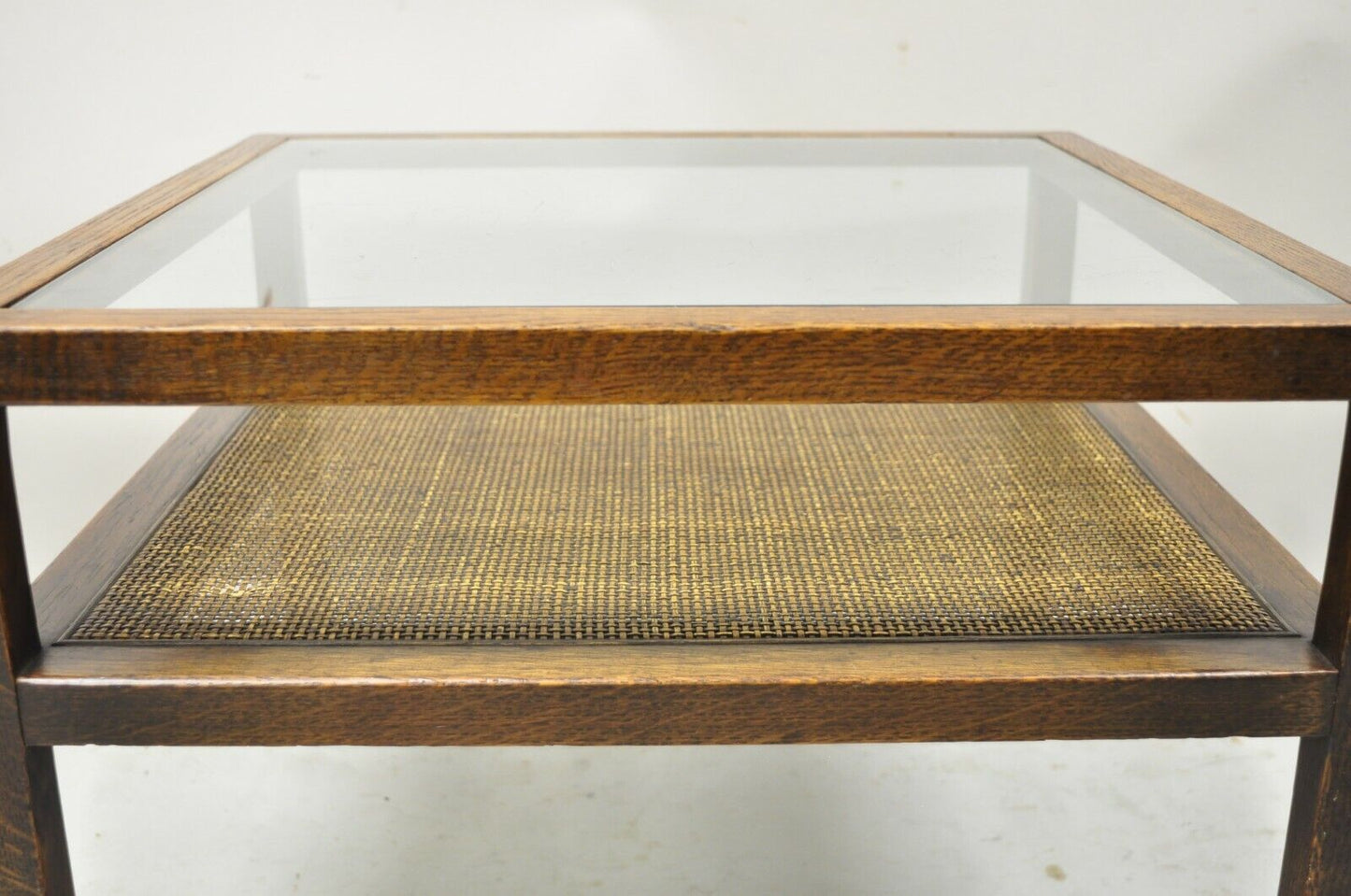 Mid Century Modern Oak Wood and Cane 2 Tier Glass Top Side Table Dunbar Style