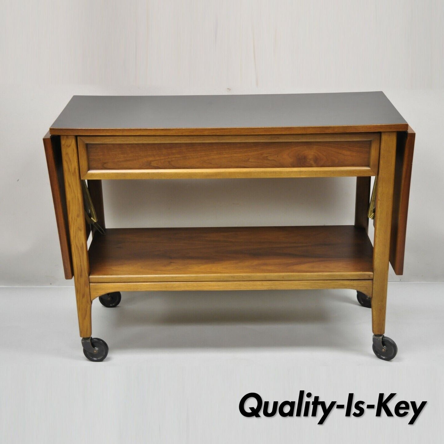 Lane Mid Century Modern Walnut Modern One Drawer Drop Leaf Rolling Bar Cart