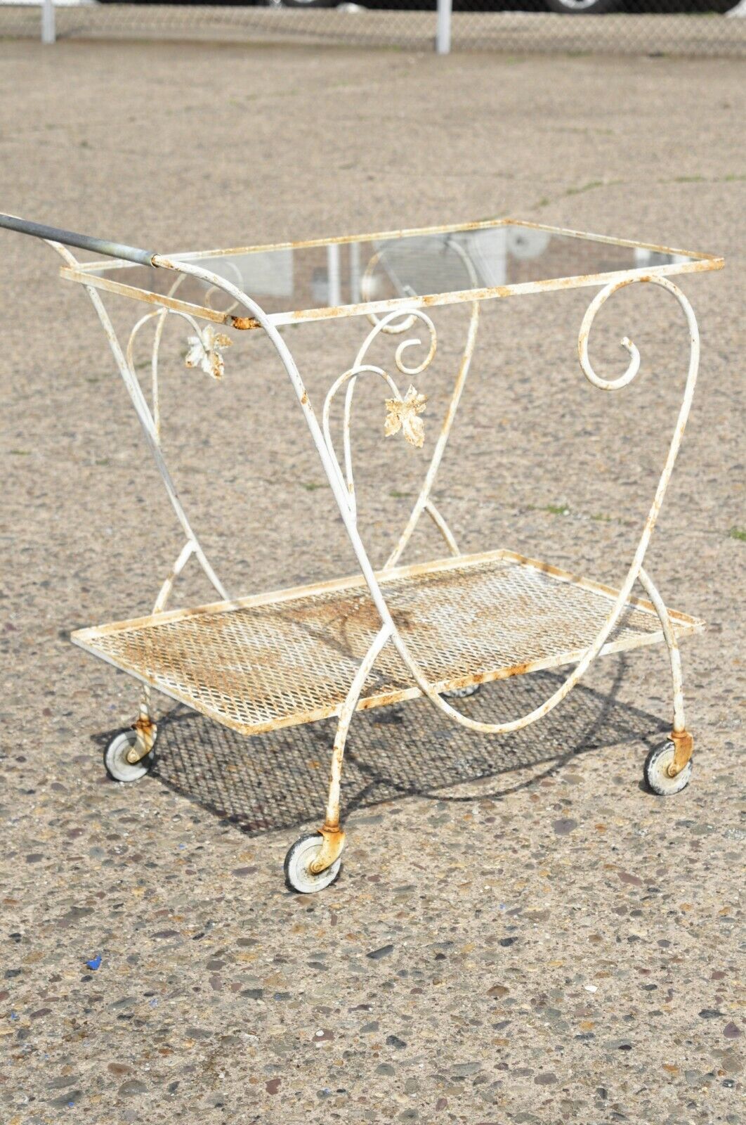 Vintage John Salterini Woodard Scrolling Leaf Vine Wrought Iron Garden Bar Cart