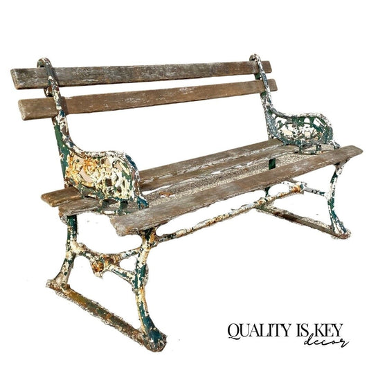 Antique English Victorian Cast Iron Wooden Slat Garden Seat Patio Park Bench