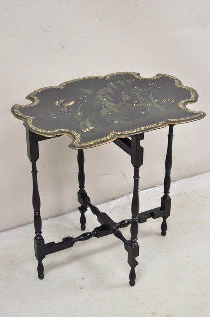 Victorian Black Ebonized Bird Painted Folding Side Table Mother of Pearl Inlay