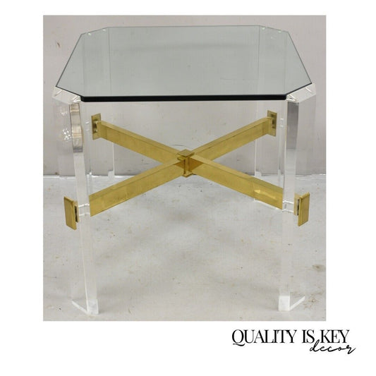 Mid Century Modern Lucite & Glass Top Occasional Side Table w Brass Stretcher