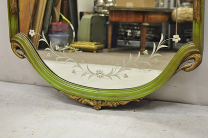 French Louis XVI Style Plume Swan Carved Green Painted Leafy Etched Wall Mirror