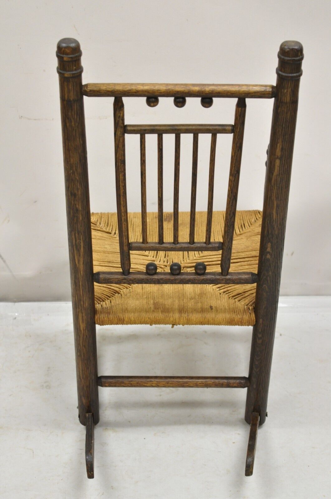 Antique Arts & Crafts Victorian Oak Wood Rush Seat Small Child's Rocking Chair