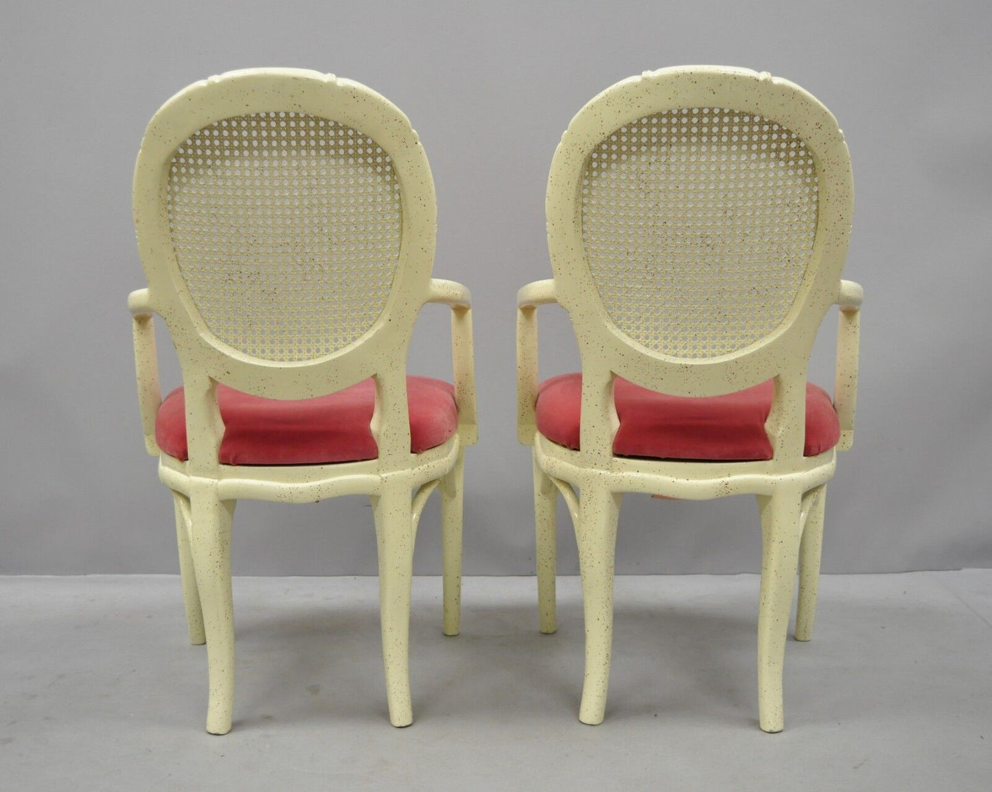 Pair French Hollywood Regency White Faux Bamboo Cane Back Arm Chairs Pink Fabric