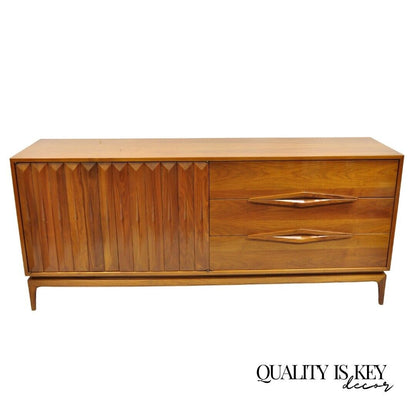 Vintage Mid Century Danish Modern Sculpted Walnut Long Dresser Credenza