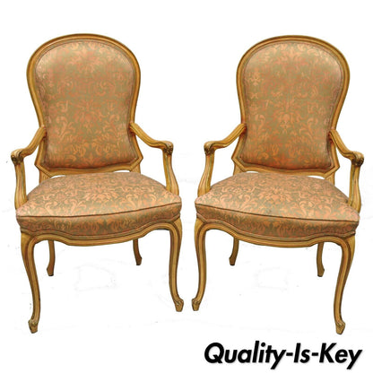 2 Italian Provincial French Hollywood Regency Upholstered Dining Room Arm Chairs