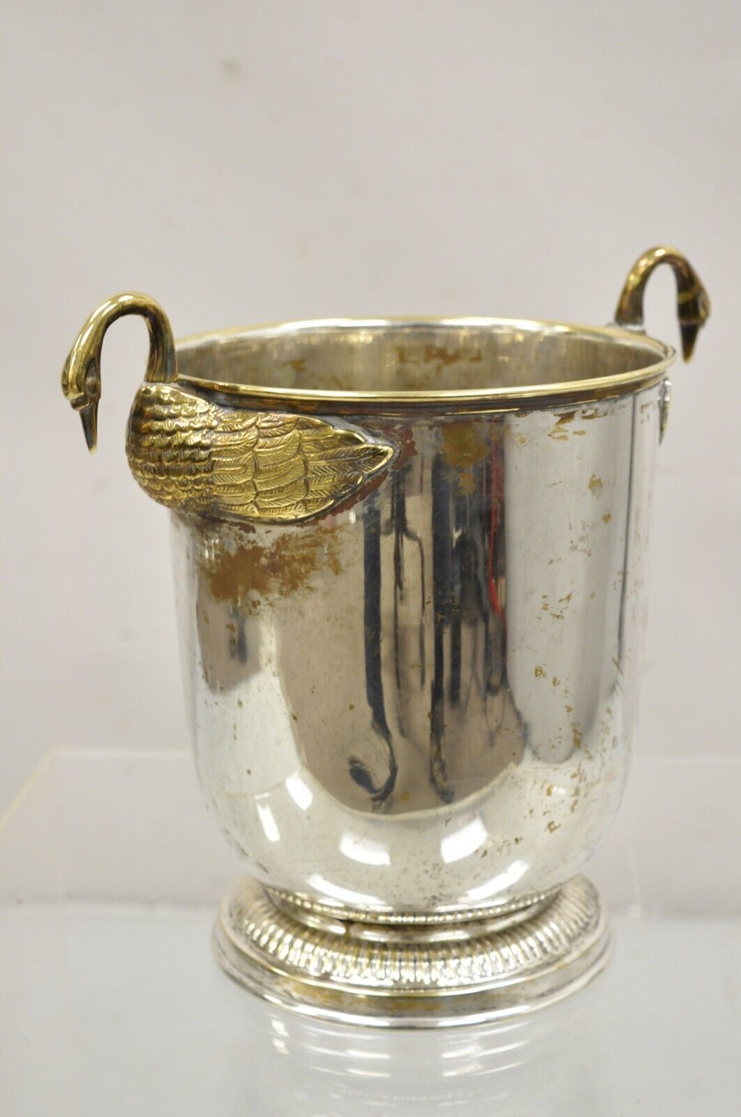 Vintage Italian Regency Silver Plated Champagne Chiller Ice Bucket w Brass Swans