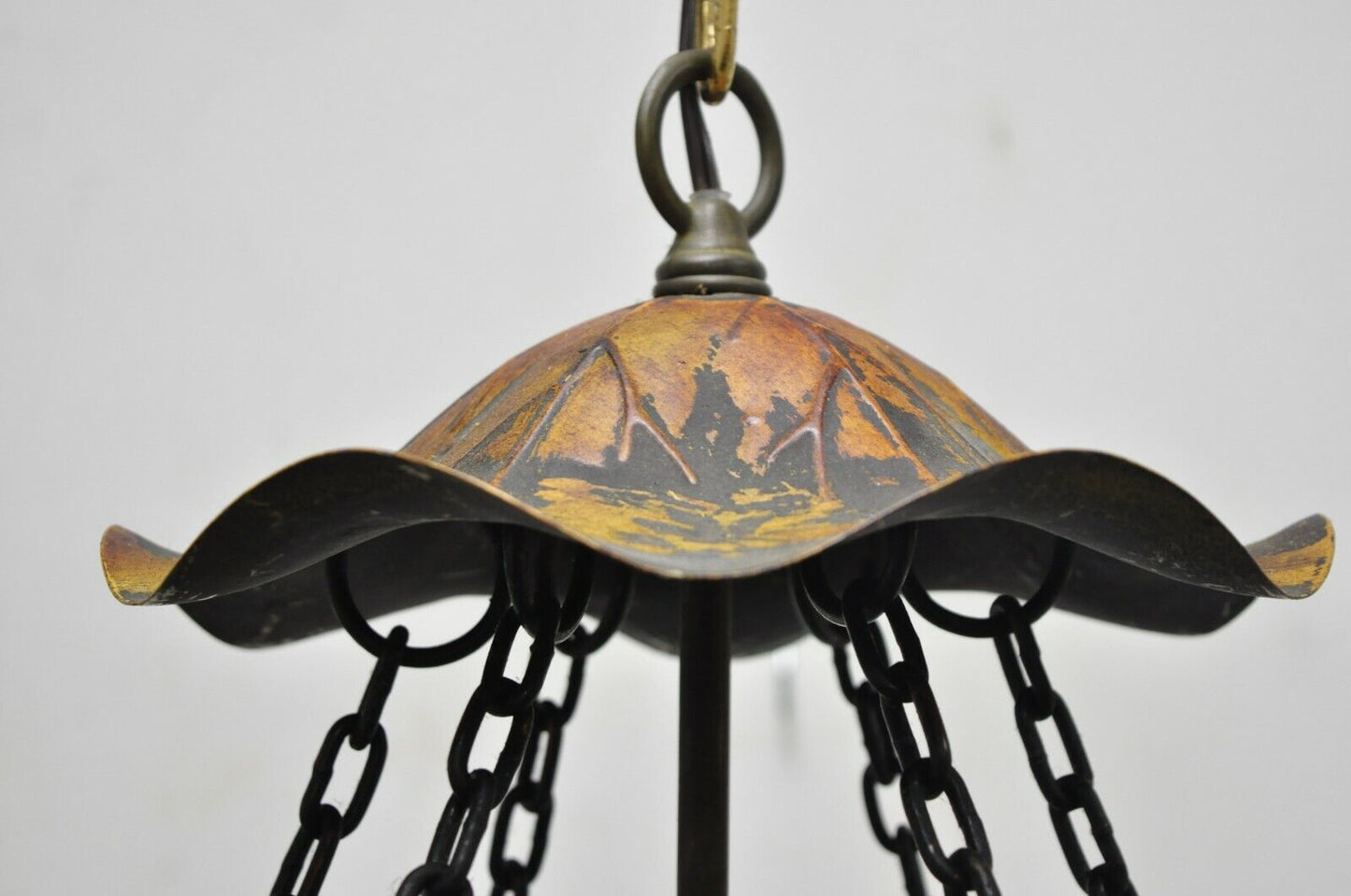 Art Nouveau Slag Glass Hexagonal Gilt Metal Pendant Light Chandelier Fixture