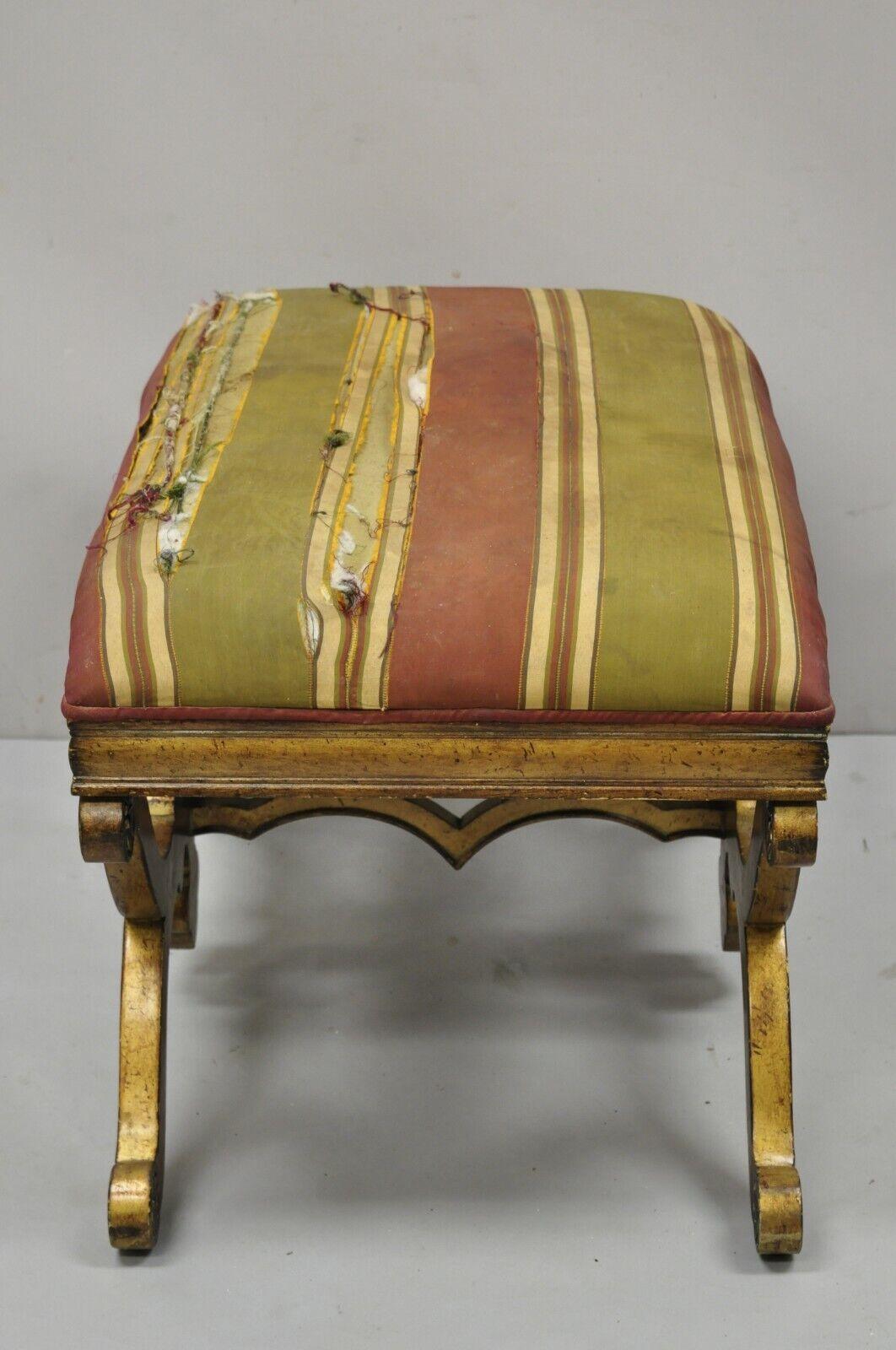 Vintage Spanish Regency Carved Wood X-Frame Gold Upholstered Stool Bench