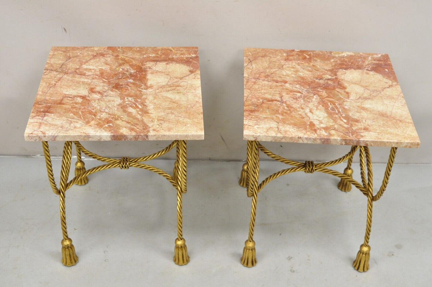 Italian Hollywood Regency Gold Iron Rope Tassel Rouge Marble Top Side Table Pair