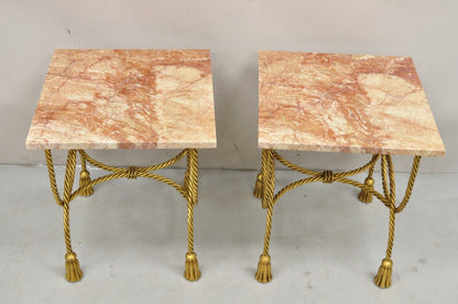 Italian Hollywood Regency Gold Iron Rope Tassel Rouge Marble Top Side Table Pair