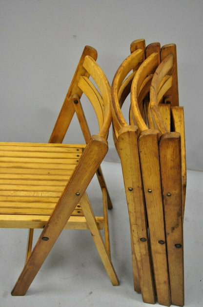 4 Vintage Wood Slat Seat Mid Century Modern Folding Dining Game Chairs