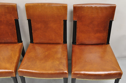 French Art Deco Style Brown Leather Ebonized Frame Dining Chairs - Set of 8