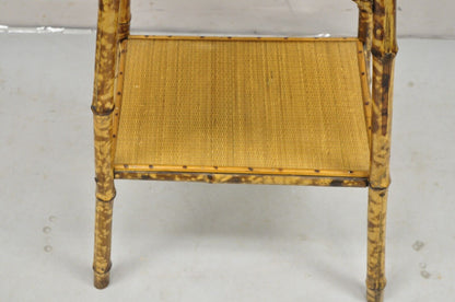 Antique English Victorian Bamboo and Cane 2 Tier Plant Stand Side Table