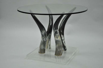 Mid Century Modern Chic Lucite and Horn Round Glass Occasional Side Table