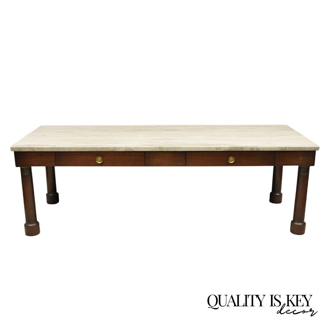 Vintage Empire Style Custom Mahogany Marble Top Coffee Table with 2 Drawers
