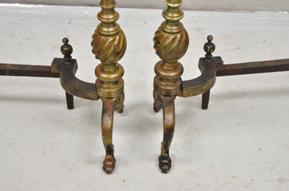 Antique French Empire Style Bronze Brass Spiral Column Andirons- a Pair