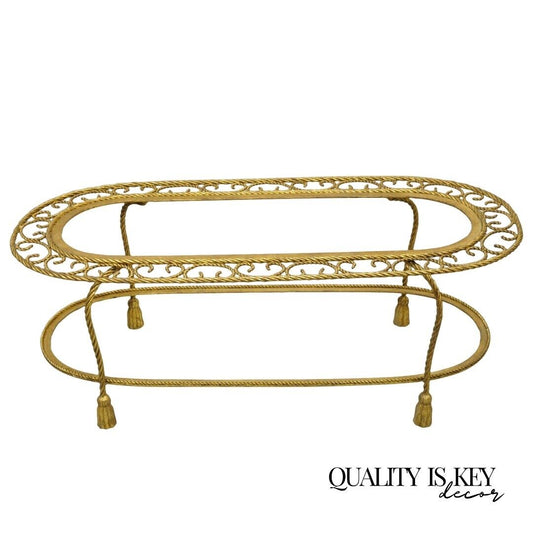 Italian Hollywood Regency Gold Gilt Iron Oval 2 Tier Rope Tassel Coffee Table