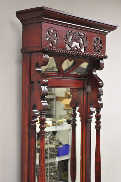 Antique Eastlake Victorian Carved Walnut & Marble Tall Pier Mirror Hall Tree