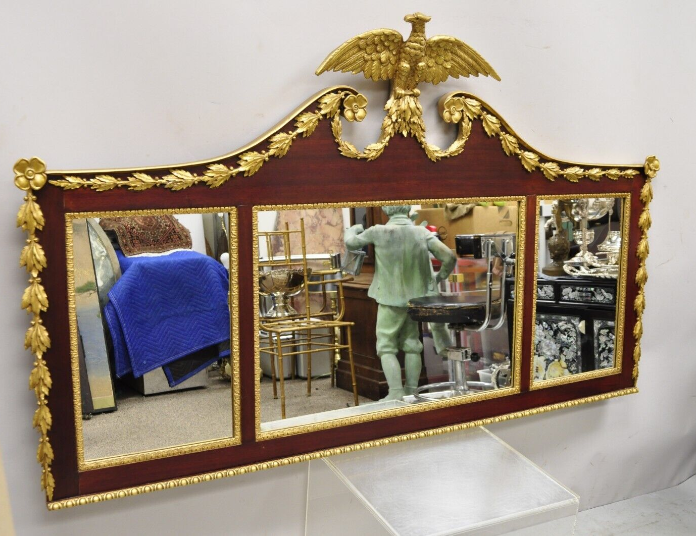 Antique American Federal Gilt Carved Overmantle Triple Mirror with Gold Eagle