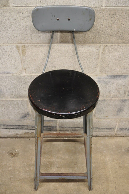 Antique American Industrial Gray Metal Drafting Stool Artist Work Chair