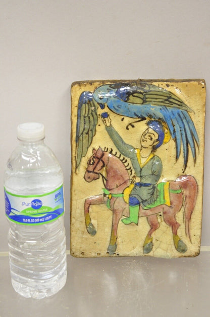 Antique Persian Iznik Qajar Style Ceramic Pottery Tile Beige Phoenix & Horse C4